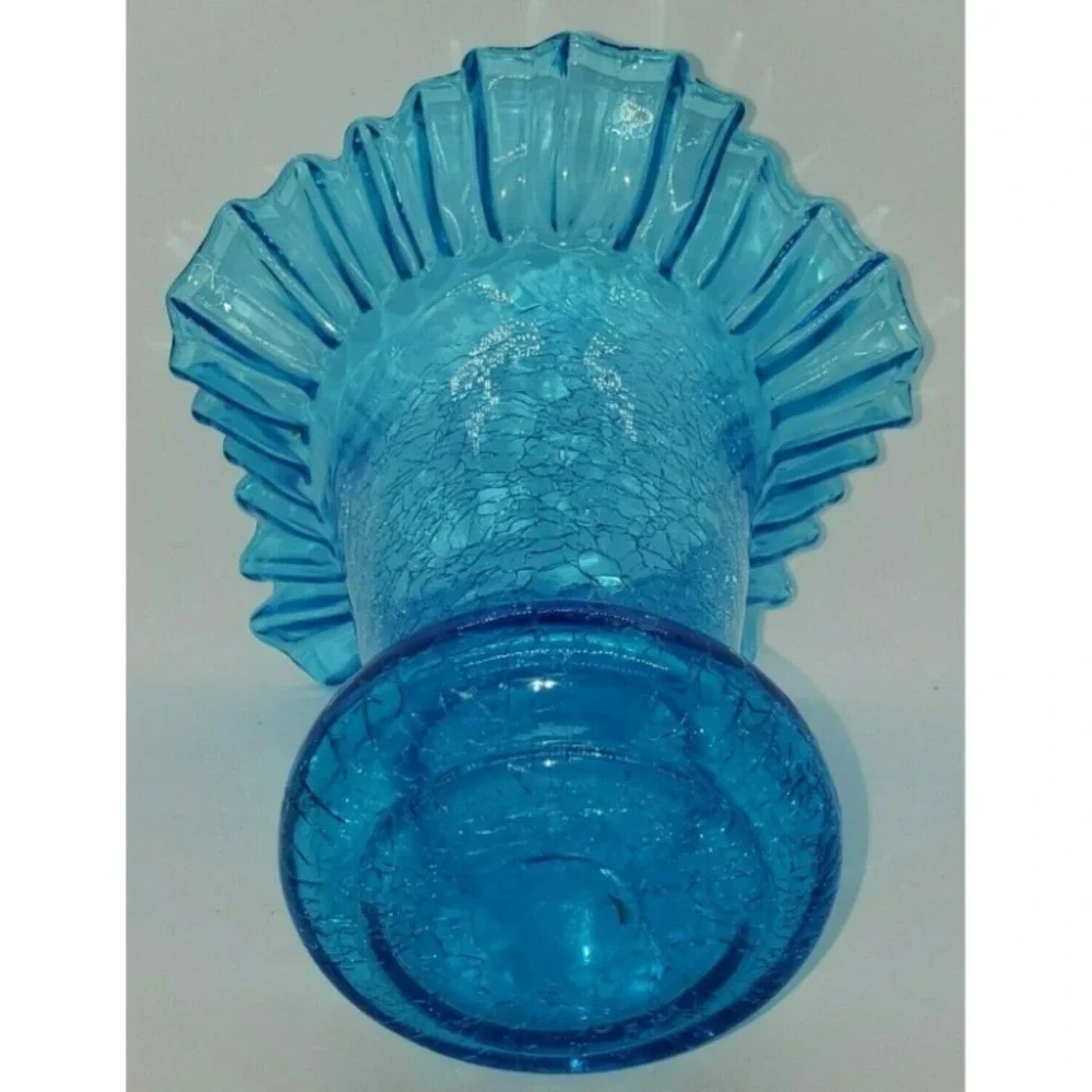 Vintage 1940's Beacon Glass Azure Blue Hand Blown Ruffle Crackle Vase  MCM  1of2